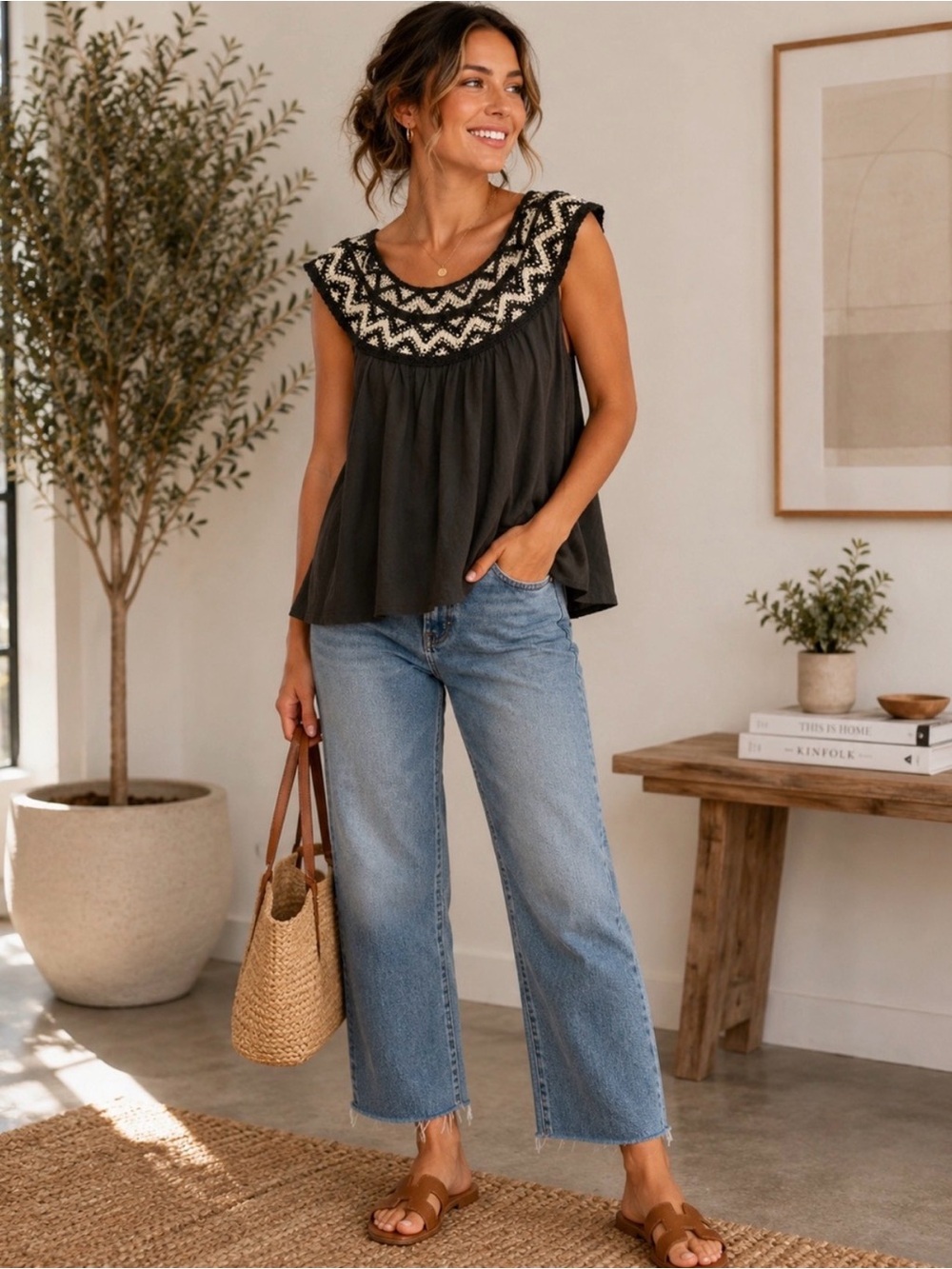 Size M Lucky Brand Embroidered Yoke Black & Cream Sleeveless Peasant Top